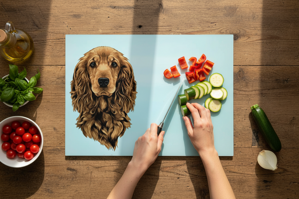 Bwrdd Torri Gwydr Ci Cocker Spaniel ar wyneb gwaith cegin gyda llysiau
