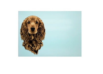 Bwrdd Torri Gwydr Ci Cocker Spaniel, yn dangos y dyluniad printiedig