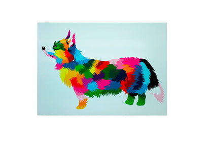 Bwrdd Torri Gwydr Ci Corgi, yn dangos y dyluniad printiedig