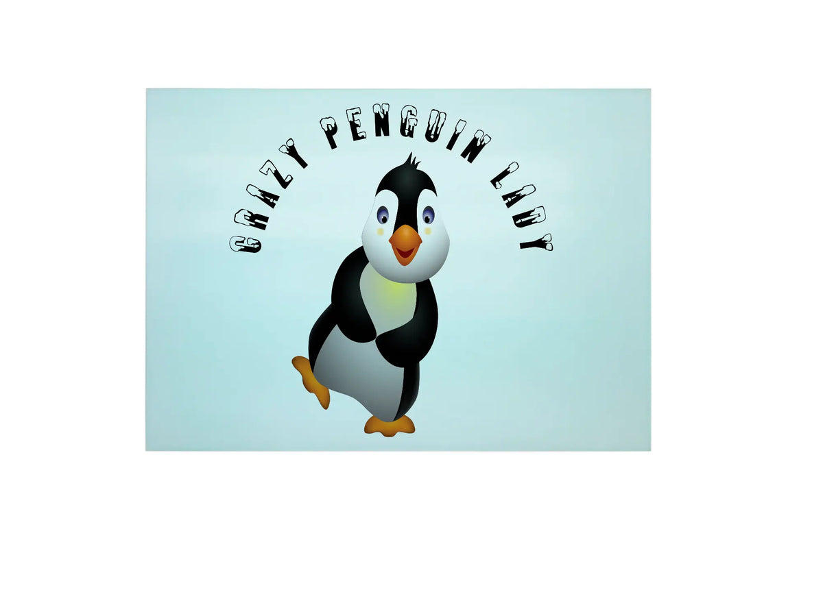 Bwrdd Torri Gwydr Crazy Penguin Lady, yn dangos y dyluniad printiedig