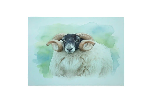 Bwrdd Torri Gwydr Dafad Dalesbred, yn dangos y dyluniad printiedig