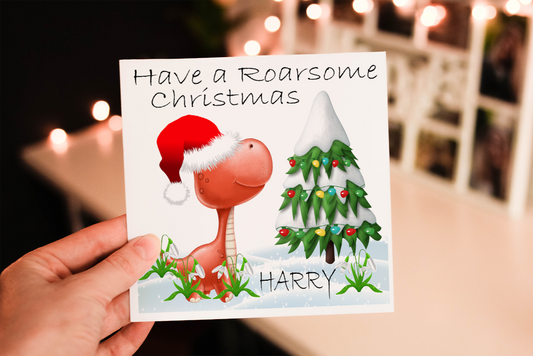 Cerdyn Nadolig Roarsome – Deinosor Coch