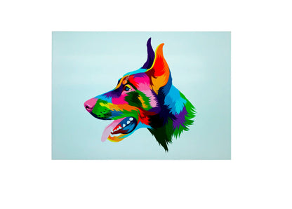 Bwrdd Torri Gwydr Ci Doberman, yn dangos y dyluniad printiedig