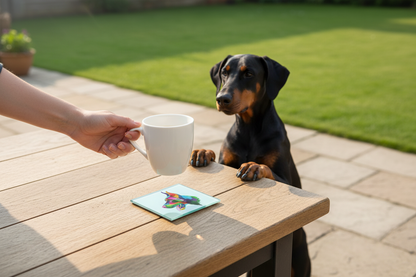 Matiau Diod Gwydr Ci Doberman gyda mwg mewn golygfa o ddefnydd