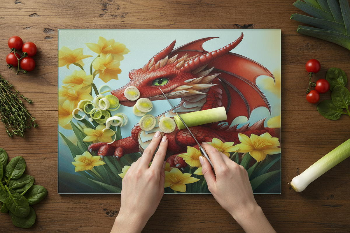 Bwrdd Torri Gwydr Draig a Chennin Pedr ar wyneb gwaith cegin gyda llysiau