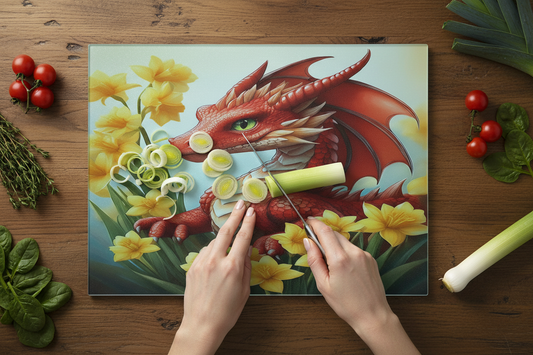 Bwrdd Torri Gwydr Draig a Chennin Pedr ar wyneb gwaith cegin gyda llysiau