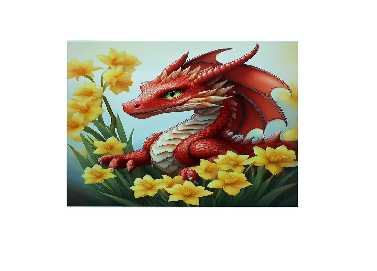 Bwrdd Torri Gwydr Draig a Chennin Pedr, yn dangos y dyluniad printiedig