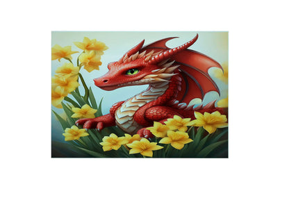Bwrdd Torri Gwydr Draig a Chennin Pedr, yn dangos y dyluniad printiedig