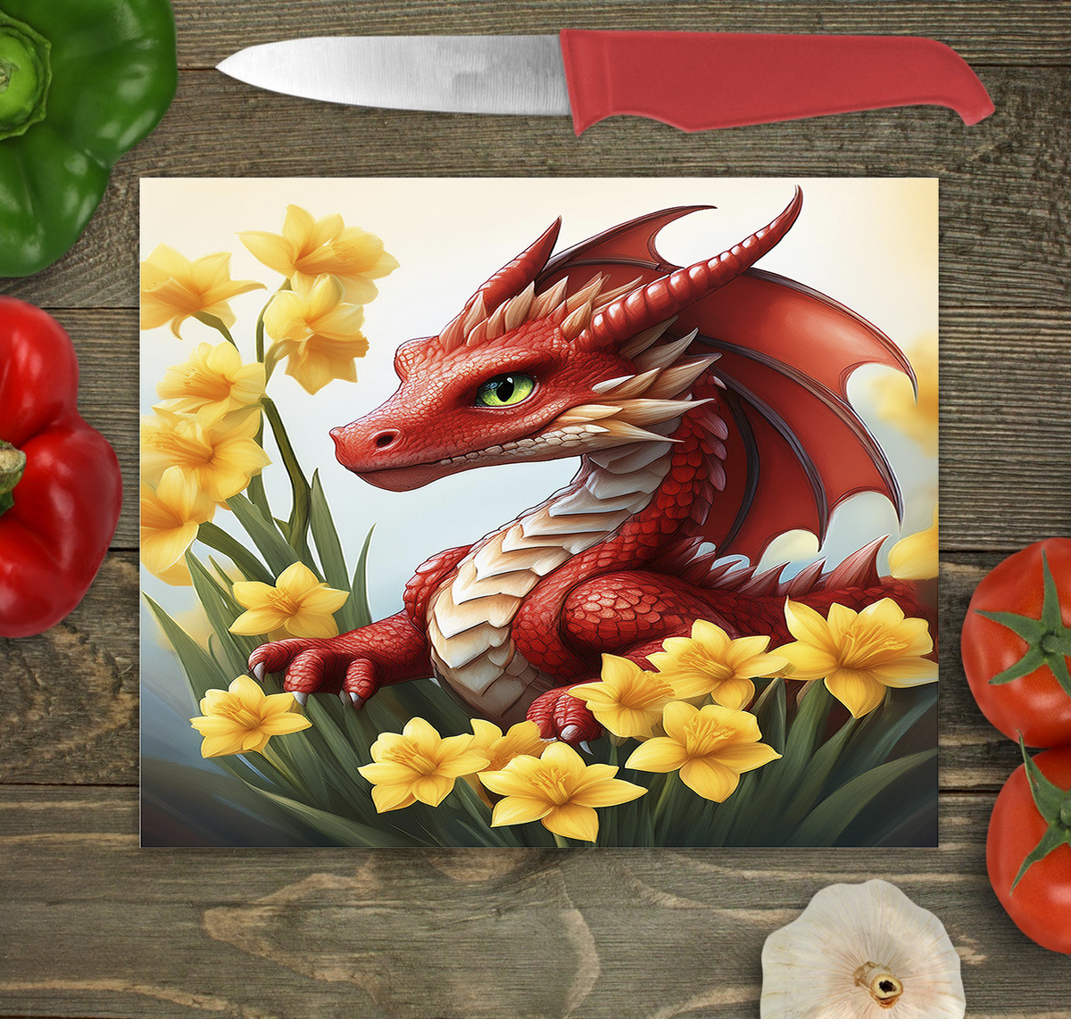 Bwrdd Torri Gwydr Draig a Chennin Pedr ar wyneb gwaith cegin