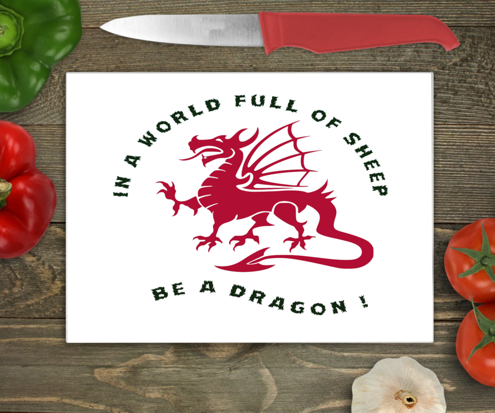 Bwrdd Torri Gwydr Draig Ffantasi ar wyneb gwaith cegin