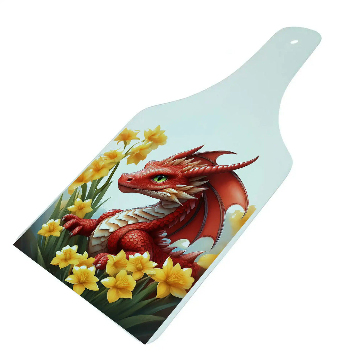 Bwrdd Torri Gwydr Siâp Potel – Draig a Chennin Pedr, yn dangos y dyluniad printiedig