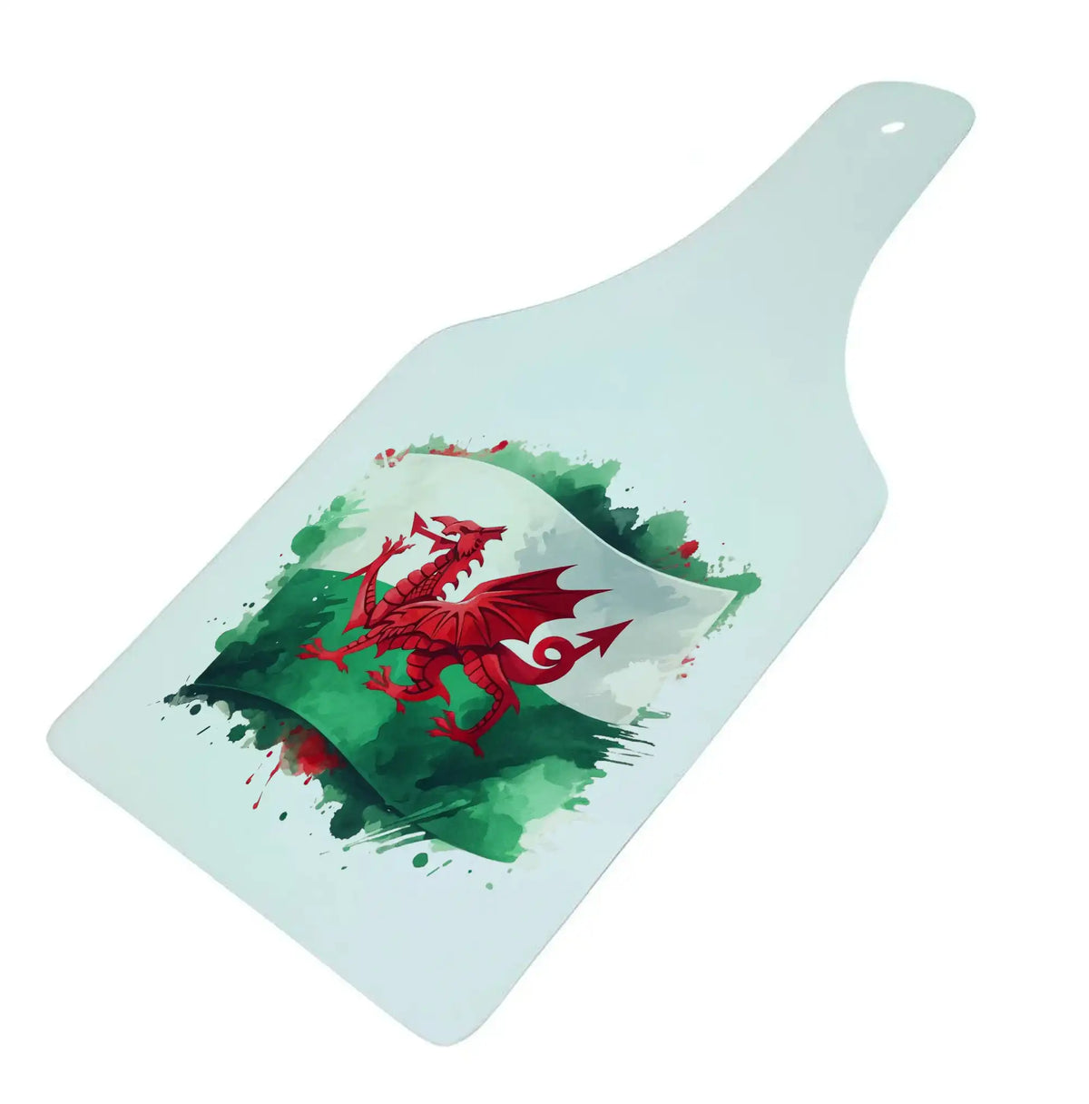 Bwrdd Torri Gwydr Siâp Potel – Baner y Ddraig Gymreig, yn dangos y dyluniad printiedig