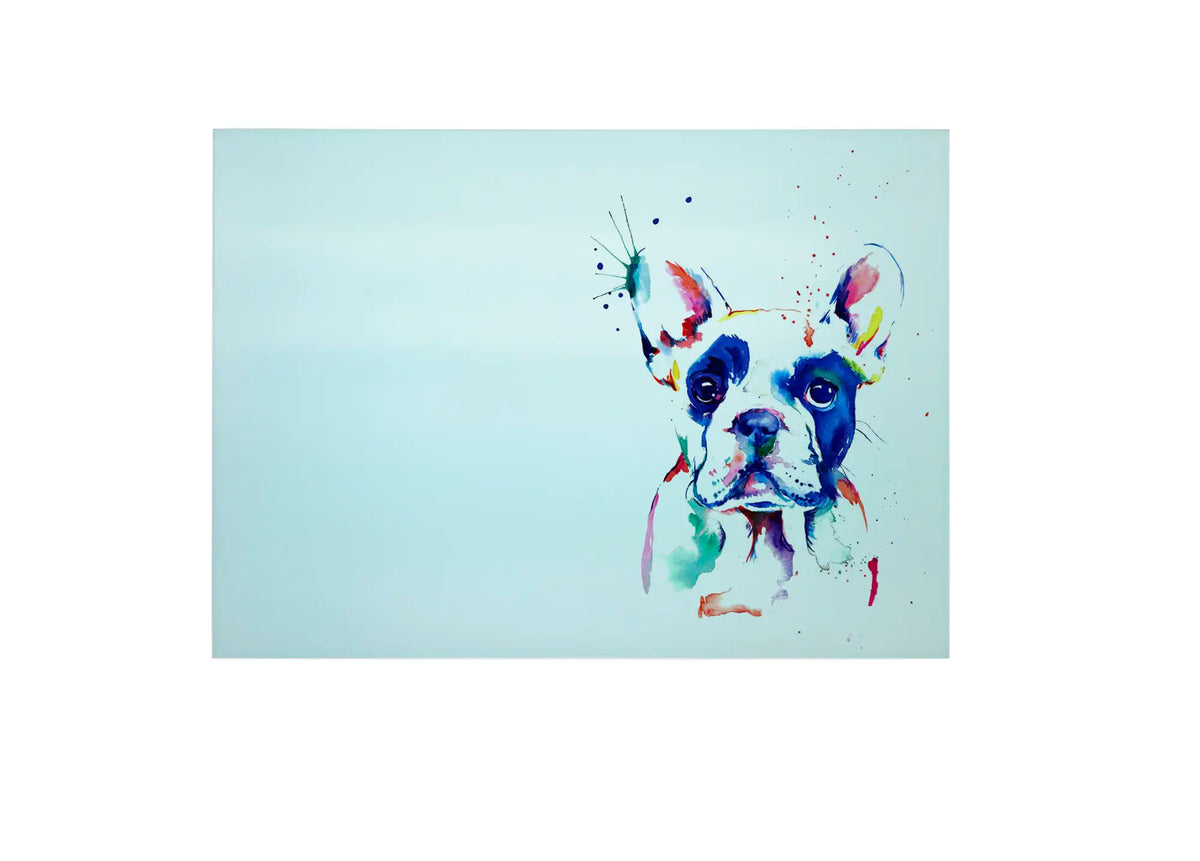 Bwrdd Torri Gwydr Ci Bulldog Ffrengig, yn dangos y dyluniad printiedig