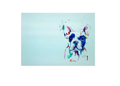 Bwrdd Torri Gwydr Ci Bulldog Ffrengig, yn dangos y dyluniad printiedig