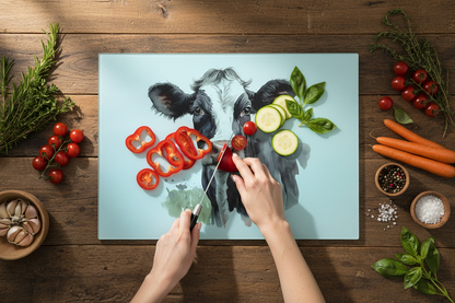 Bwrdd Torri Gwydr Buwch Ffrisiaidd Ddu a Gwyn ar wyneb gwaith cegin gyda llysiau