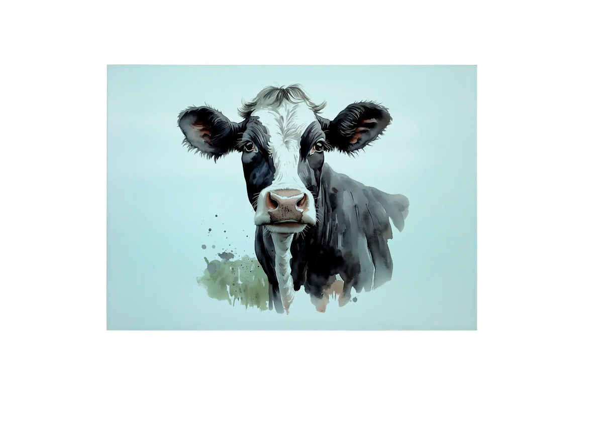 Bwrdd Torri Gwydr Buwch Ffrisiaidd Ddu a Gwyn, yn dangos y dyluniad printiedig