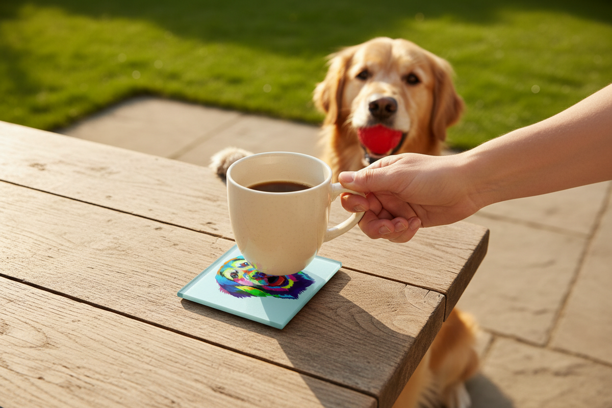 Matiau Diod Gwydr Ci Golden Retriever yn Wynebu Ymlaen gyda mwg mewn golygfa o ddefnydd