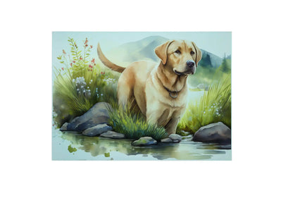 Bwrdd Torri Gwydr Ci Labrador Euraid, yn dangos y dyluniad printiedig