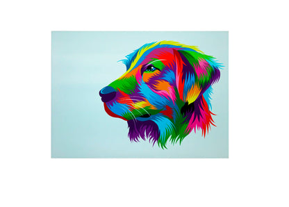 Bwrdd Torri Gwydr Portread Ci Golden Retriever Lliwgar, yn dangos y dyluniad printiedig