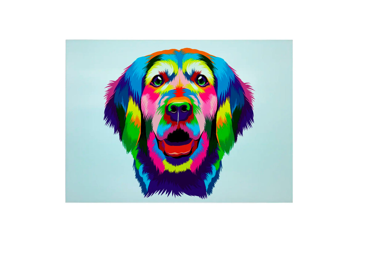 Bwrdd Torri Gwydr Ci Golden Retriever Enfys, yn dangos y dyluniad printiedig