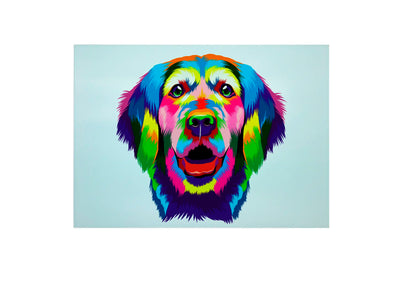 Bwrdd Torri Gwydr Ci Golden Retriever Enfys, yn dangos y dyluniad printiedig