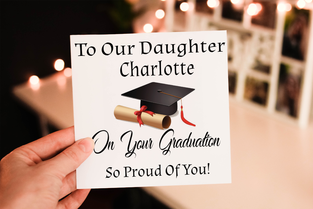 Cerdyn Graddio Llongyfarchiadau – enghraifft o'r dyluniad personol