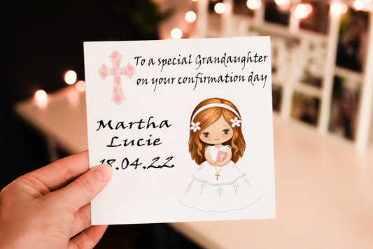 Cerdyn Conffirmasiwn i Ferch Fedydd – enghraifft o'r dyluniad personol