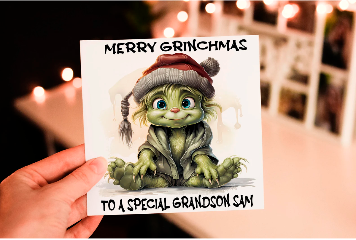 Cerdyn Nadolig Grinch Personol