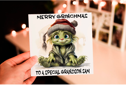 Cerdyn Nadolig Grinch Personol