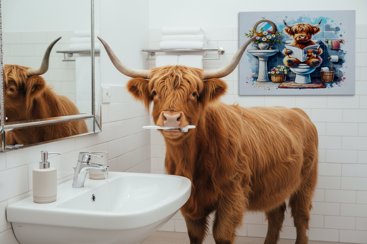 Highland Cow on the Toilet..... Glossy Aluminium Print Highland Cow on the Toilet..... Glossy Aluminium Print