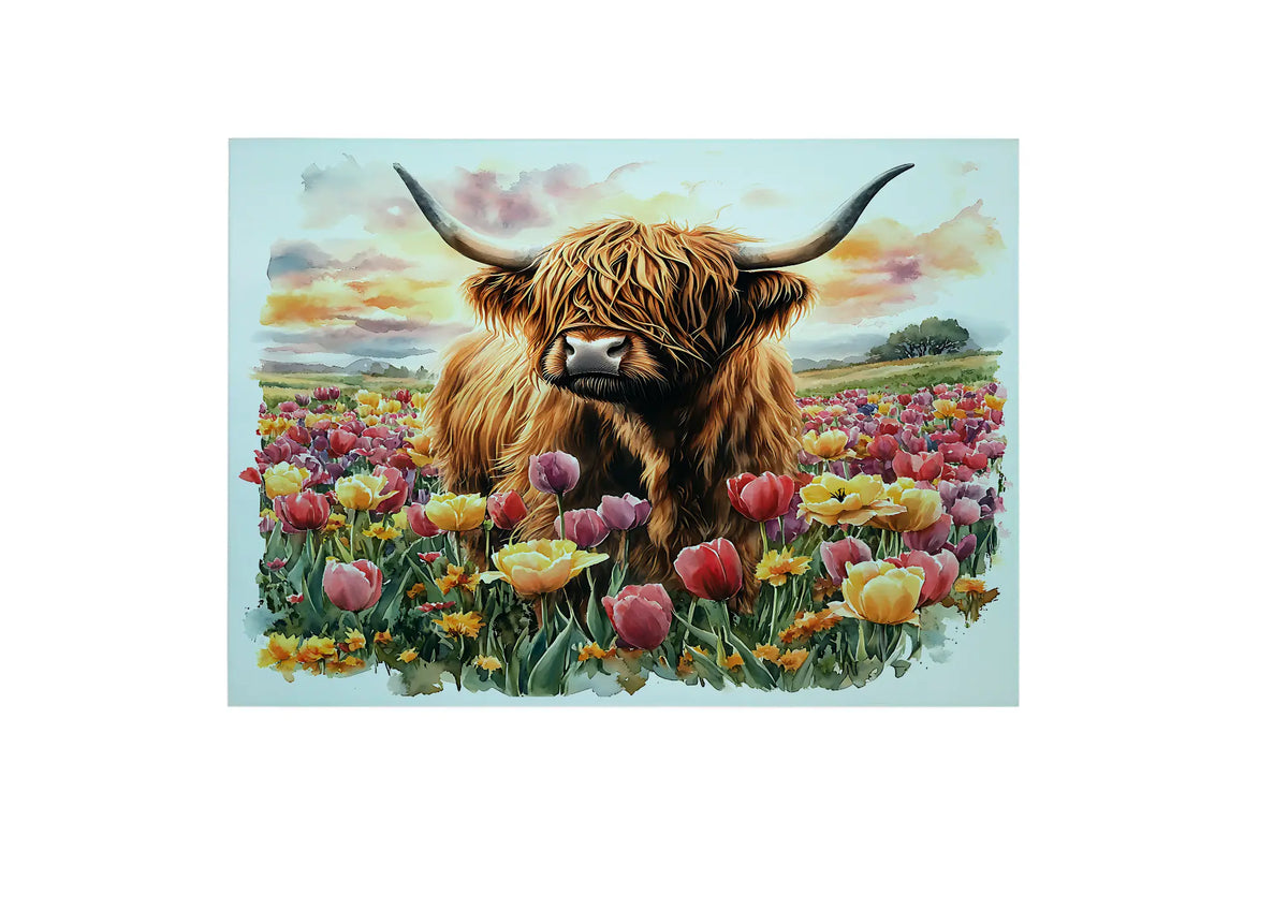 Bwrdd Torri Gwydr Buwch yr Ucheldir ymhlith Tiwlipau, yn dangos y dyluniad printiedig