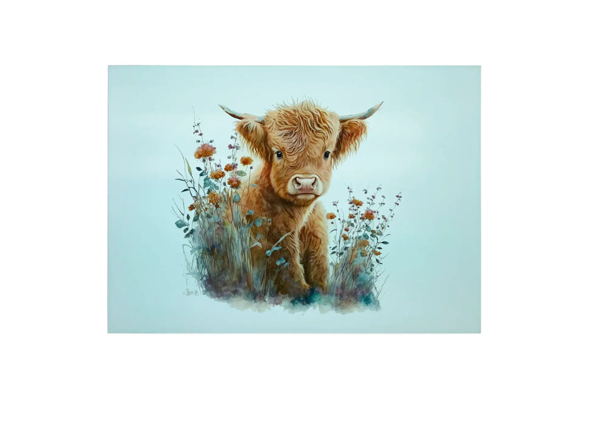 Bwrdd Torri Gwydr Llo Ucheldir a Blodau Gwyllt, yn dangos y dyluniad printiedig
