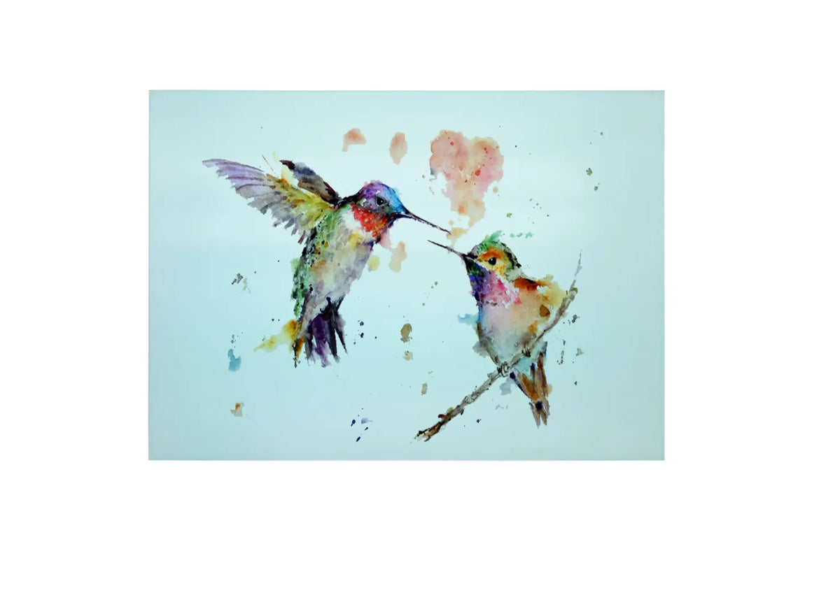 Bwrdd Torri Gwydr Pâr o Adar Hummingbird Dyfrlliw, yn dangos y dyluniad printiedig