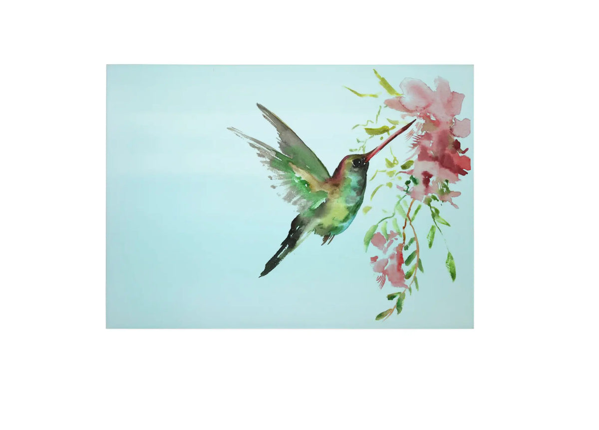 Bwrdd Torri Gwydr Aderyn Hummingbird a Blodau Pinc, yn dangos y dyluniad printiedig