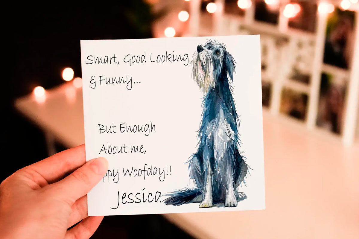 Cerdyn Pen-blwydd Irish Wolfhound – Happy Woofday
