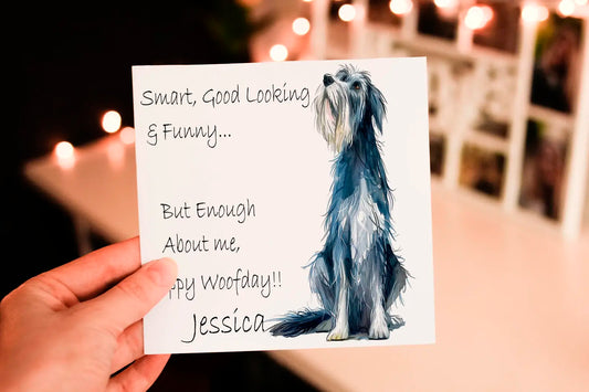 Cerdyn Pen-blwydd Irish Wolfhound – Happy Woofday