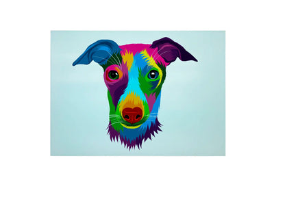 Bwrdd Torri Gwydr Ci Jack Russell, yn dangos y dyluniad printiedig