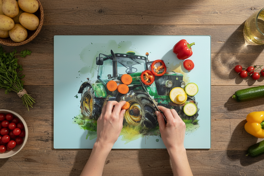 Bwrdd Torri Gwydr Tractor Gwyrdd, yn dangos y dyluniad printiedig