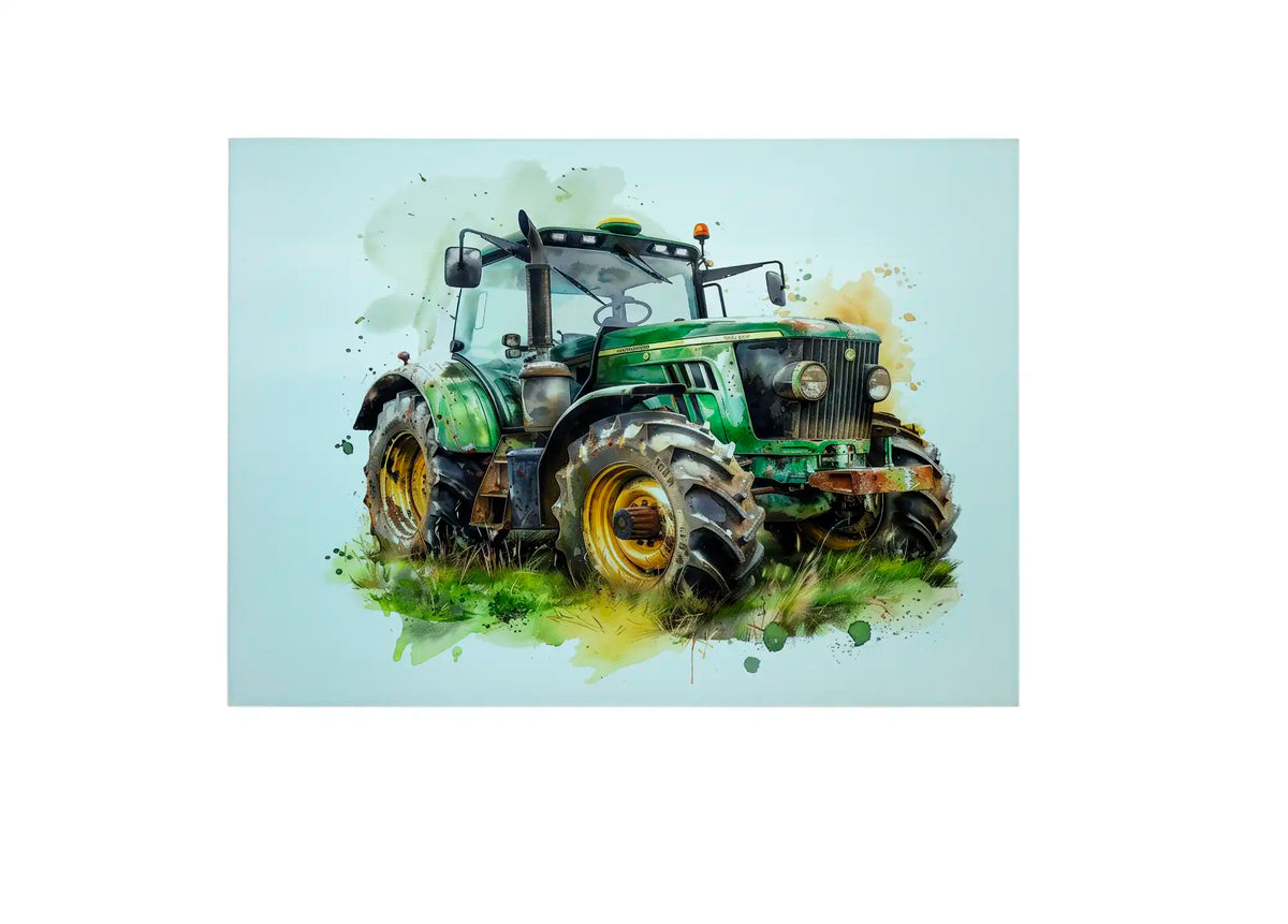 Bwrdd Torri Gwydr Tractor Gwyrdd ar wyneb gwaith cegin gyda llysiau