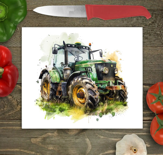 Bwrdd Torri Gwydr Tractor Gwyrdd ar wyneb gwaith cegin