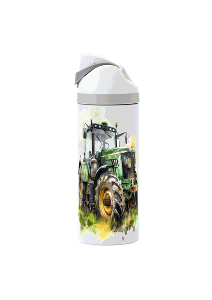 Potel thermol 720ml gyda dyluniad tractor gwyrdd wedi'i argraffu o amgylch y botel