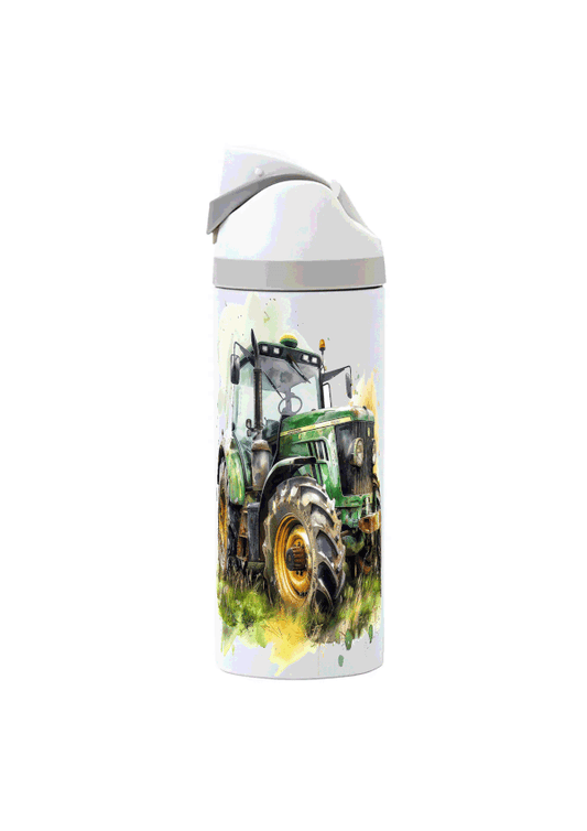 Potel thermol 720ml gyda dyluniad tractor gwyrdd wedi'i argraffu o amgylch y botel