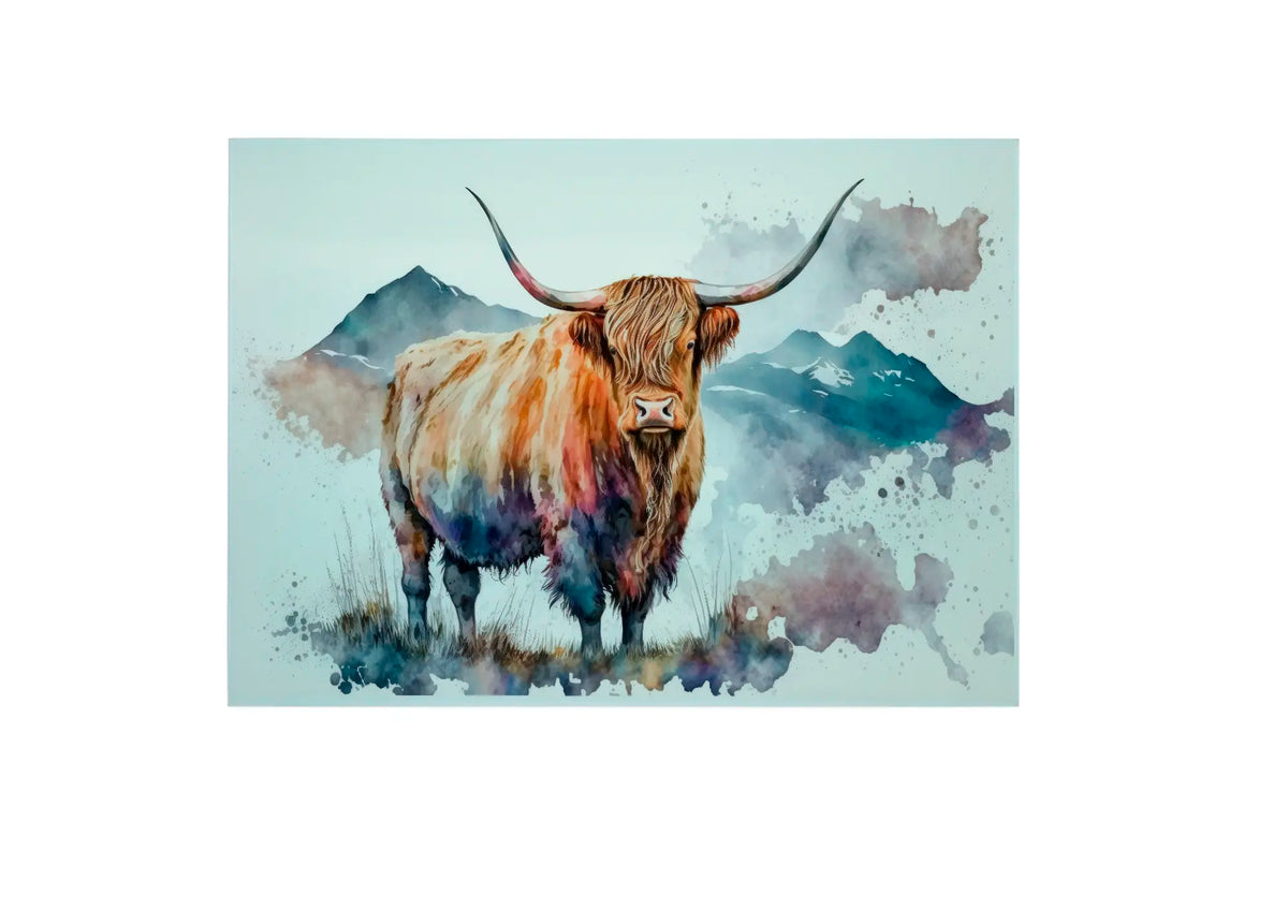 Bwrdd Torri Gwydr Buwch yr Ucheldir a Mynyddoedd, yn dangos y dyluniad printiedig