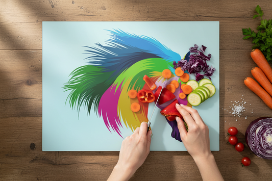 Bwrdd Torri Gwydr Pen Ceffyl Enfys ar wyneb gwaith cegin gyda llysiau