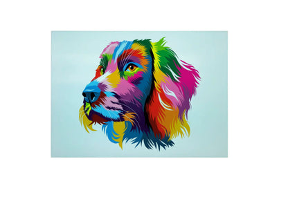 Bwrdd Torri Gwydr Portread Ci Spaniel Enfys, yn dangos y dyluniad printiedig