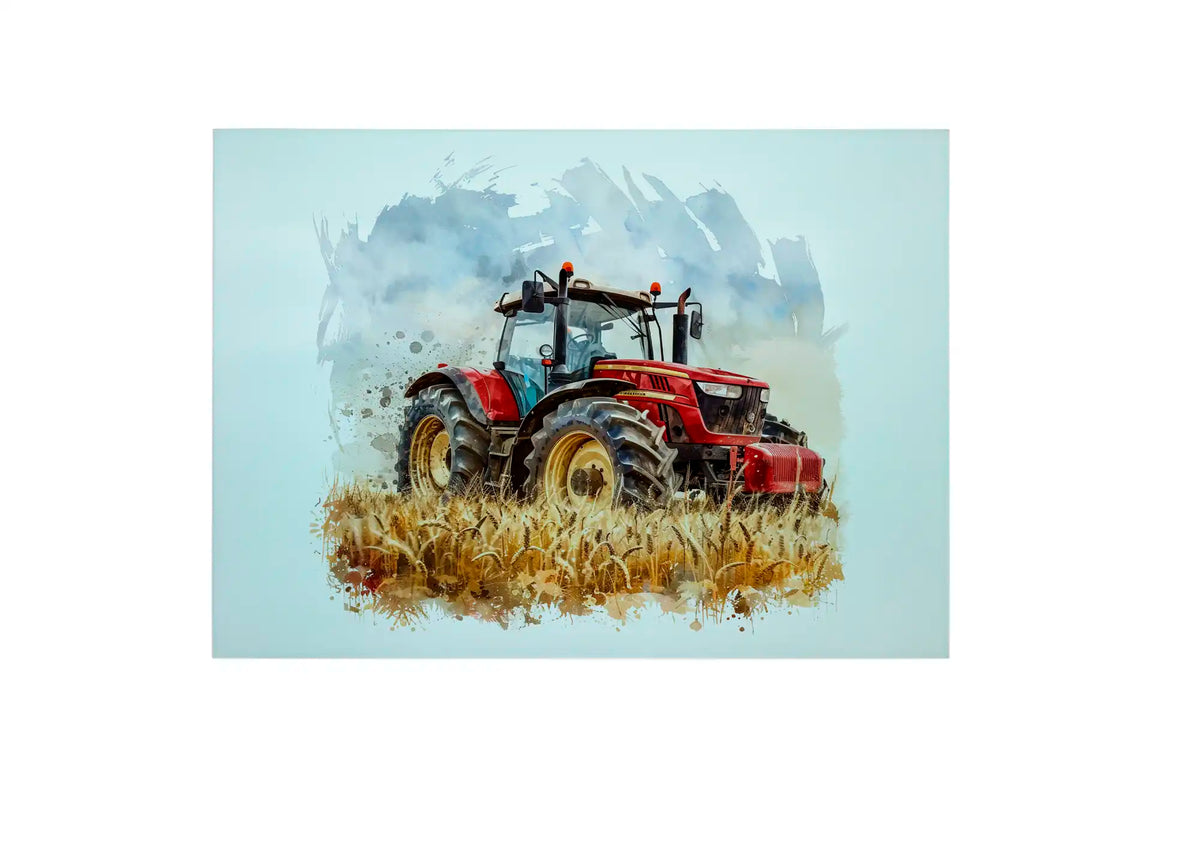 Bwrdd Torri Gwydr Tractor Coch, yn dangos y dyluniad printiedig