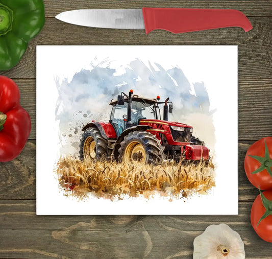 Bwrdd Torri Gwydr Tractor Coch ar wyneb gwaith cegin