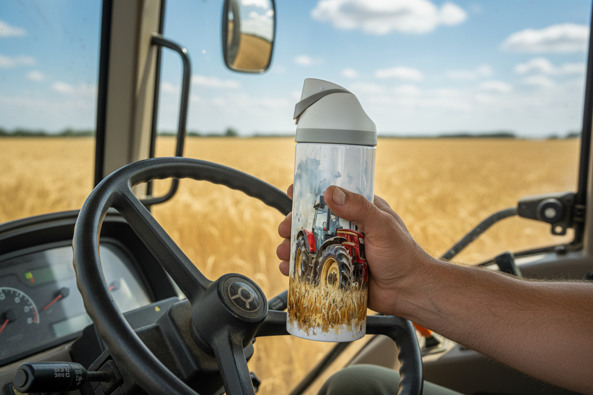 Potel thermol 720ml gyda dyluniad tractor coch mewn golygfa sy'n cyd-fynd â'r gwaith celf