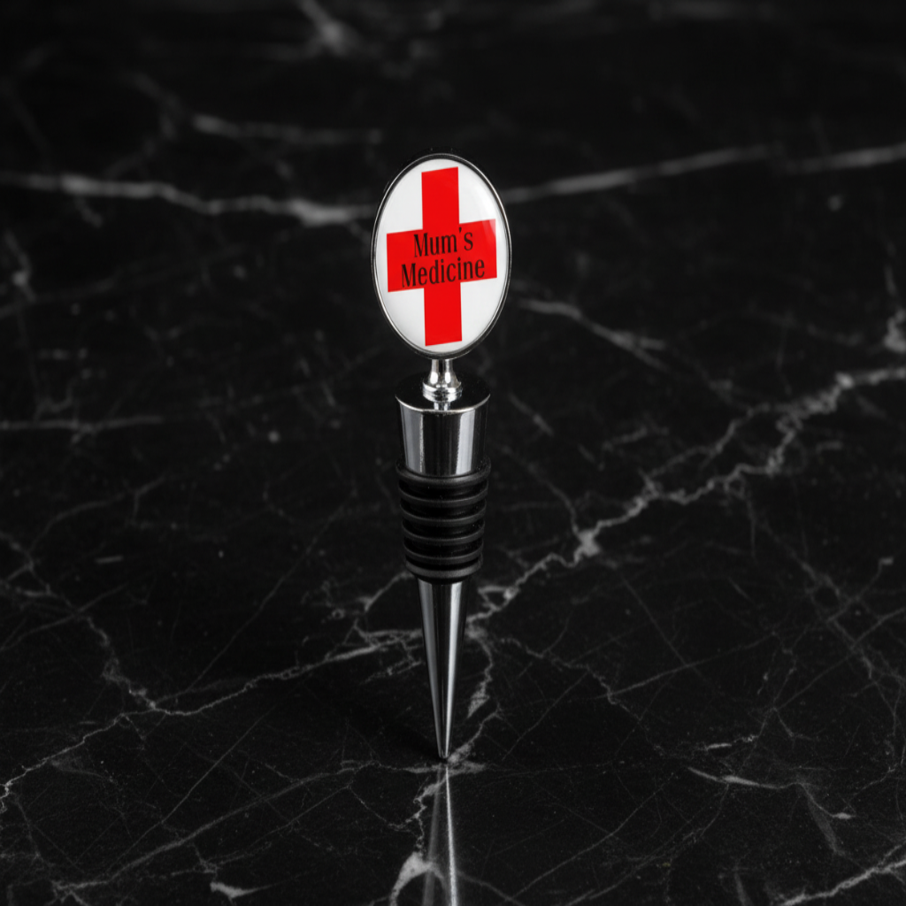 Stopiwr Potel 'Mum’s Medicine' ar gefndir marmor du