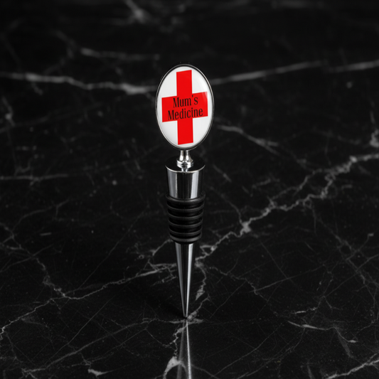 Stopiwr Potel 'Mum’s Medicine' ar gefndir marmor du